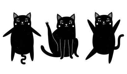 Vector illustration with black cats. Cute animal collection with vintage texture