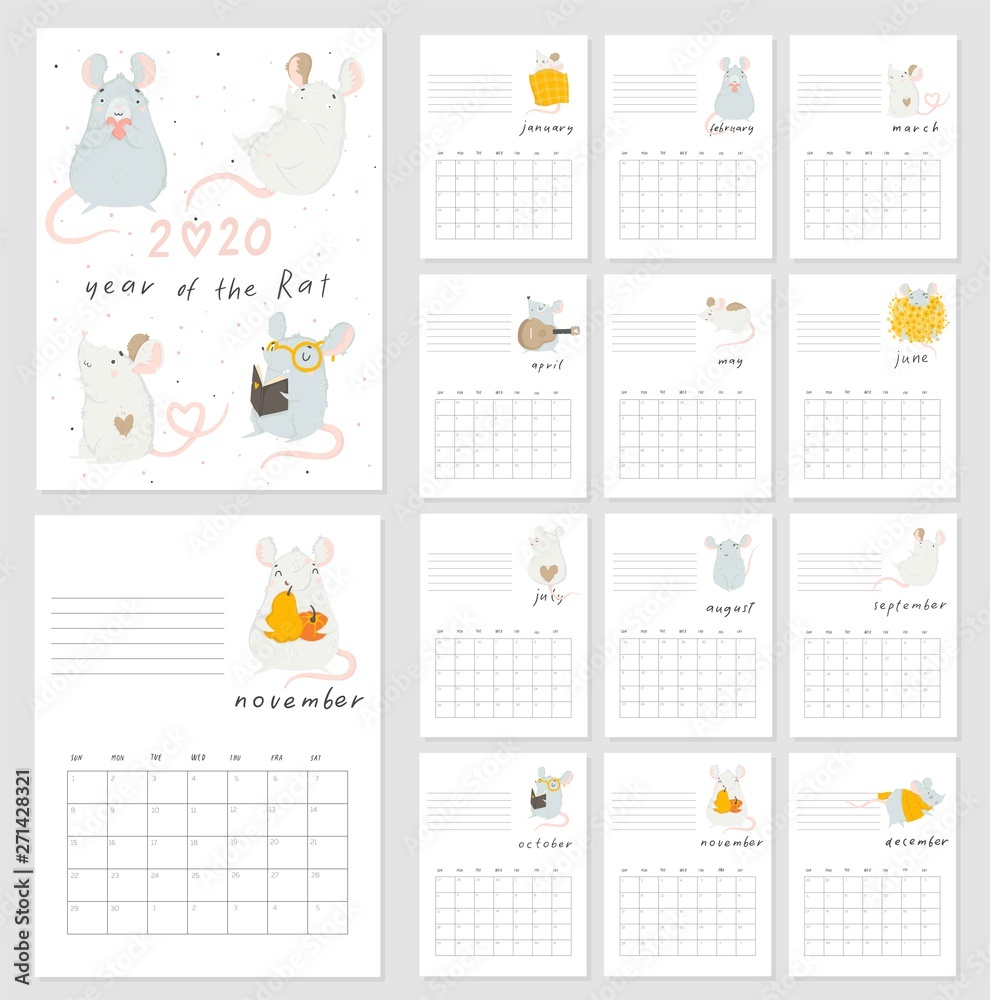 Vettoriale stock di Monthly creative calendar 2020 cute hand drawn rat ...