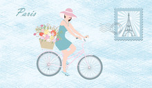 Postcard Paris - Postage Stamp With Eiffel Tower. Girl In Summer Hat Rides A Bicycle - A Basket With Flowers - Vector