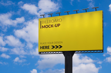 Wall Mural - 3D rendering of blank billboard (empty advertisement) with clouds. Empty mockup template