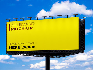 Wall Mural - 3D rendering of blank billboard (empty advertisement) with clouds. Empty mockup template
