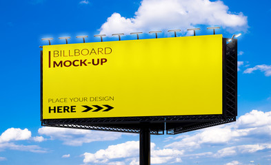 Wall Mural - 3D rendering of blank billboard (empty advertisement) with clouds. Empty mockup template
