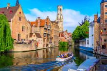 Classic View Of The Historic City Center With Canal In Brugge, West Flanders Province, Belgium. Cityscape Of Brugge.