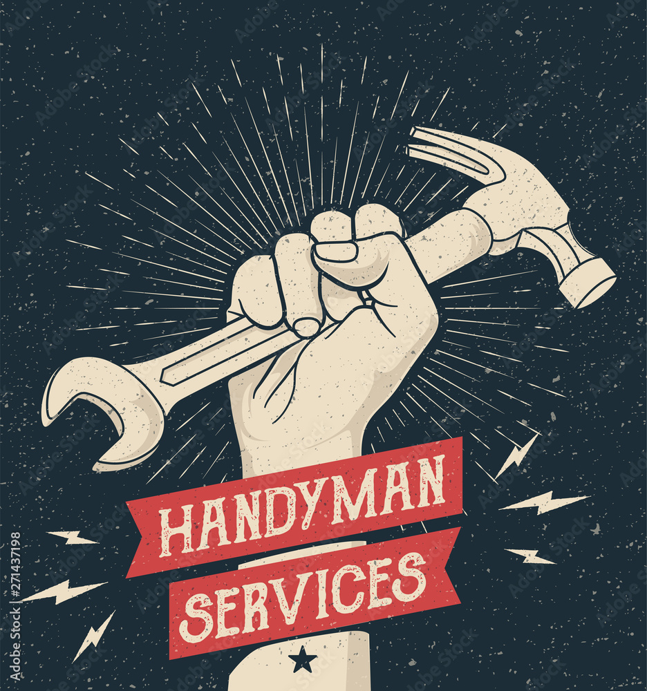 Hand drawn styled illustration of the fist holding wrench and hummer. Emblem for handyman services with Grunge Background. Vector Illustration  - obrazy, fototapety, plakaty 