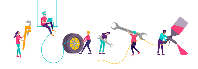 Car service having their repaired, cartoon people characters paint car, change wheels, automobile repair shop, vehicle service concept. Vector flat style illustration