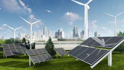 3d rendering illustration of solar cell and wind turbine sustainable energy