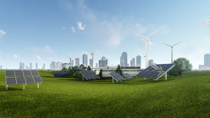3d rendering illustration of wind turbine and solar cell sustainable energy