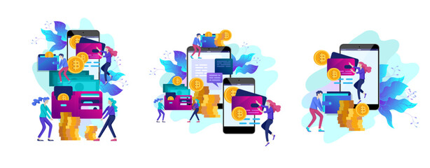 Cryptocurrency and blockchain composition with people, analysts and managers working on crypto start up