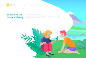 Landing page template with children girl and boy see a butterfly. Outdoor activities concept. Cartoon illustration