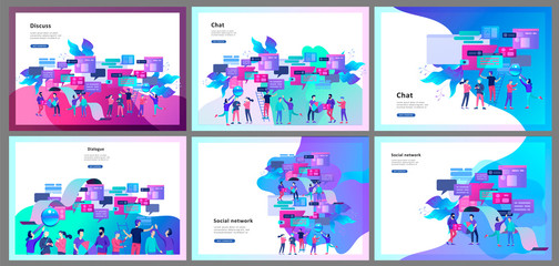 Wall Mural - Concept Landing page template, flat style, businessmen discuss social network, news, social networks, chat, dialogue speech bubbles, new projects