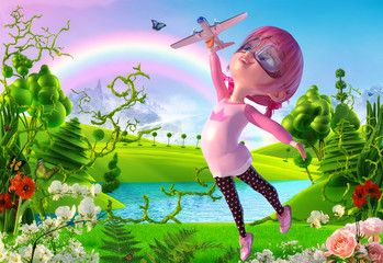 Cheerful smiling cute romantic cartoon girl playing with toy airplane in the magical fairy landscape with rainbow. Funny cartoon kid character of a little kawaii girl dreaming about travel. 3D render