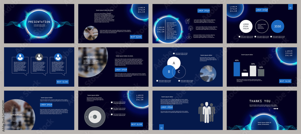 Blue presentation template. Neon circle and wave elements for slide presentations on a dark background. Flyer, brochure, corporate report, marketing, advertising, annual report, banner - obrazy, fototapety, plakaty 