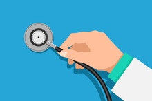 Doctor Hand Holding Stethoscope. Medical Equipment Inspection. Healthcare. Flat Vector Illustration On Blue Background