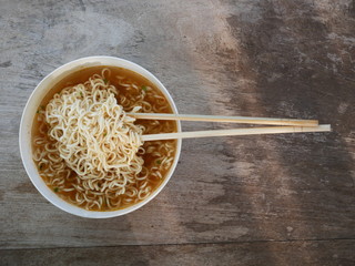 noodle soup on wood background, Myanmar Asian food, Ramen  bowl isolated 