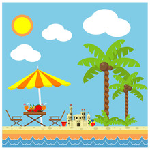 Relax On The Beach By The Sea, Play And Build A Sand Castle. Vector Illustration Is Not A Holiday And Leisure Theme.