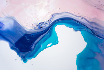 Liquid paper blue and pink paint background. Fluid painting abstract texture, art technique. Colorful mix of acrylic vibrant colors. Creativity and painting. Background for design, printing, pattern