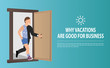 © Oleg - Cheerful flat worker opens the door and runs on vacation. Businessman relaxing. Work or holiday stress or relaxation concept.