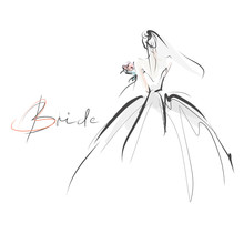 Young Beautiful Bride In Dress. Hand-drawn Fashion Illustration. Sketch, Vector