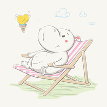 Lovely Cute Hippo Sunbathes On The Striped Chaise Lounge. Hippopotamus Dreams Of Ice Cream In The Form Of The Heart.