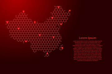 Wall Mural - China map from futuristic hexagonal shapes, lines, points red and glowing stars in nodes, form of honeycomb or molecular structure for banner, poster, greeting card. Vector illustration.