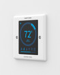 Smart home control panel mounted on a white wall. 3d render. Angled view. Smart Home Series.