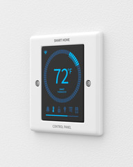 Canvas Print - Smart home control panel mounted on a white wall. 3d render. Angled view. Smart Home Series.