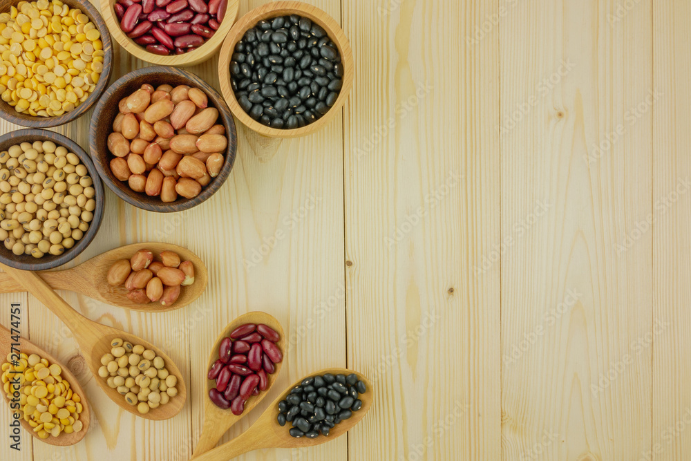 Flat lay,top view assorted beans including red bean,soybeans,black ...