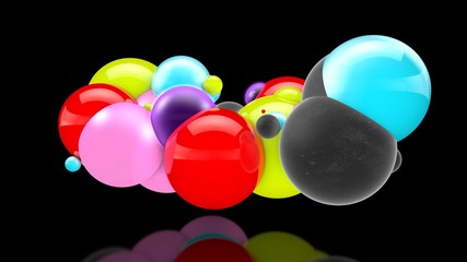 Wall Mural - 3D illustration of many colored balls in space, randomly distributed, on a black background, above the reflective surface. 3D rendering, abstraction. Surrealism, background.