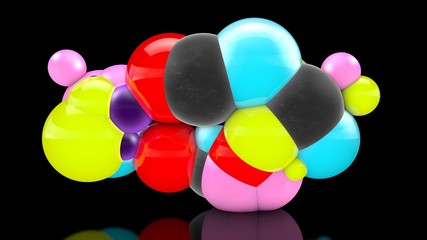 Wall Mural - 3D illustration of many colored balls in space, randomly distributed, on a black background, above the reflective surface. 3D rendering, abstraction. Surrealism, background.