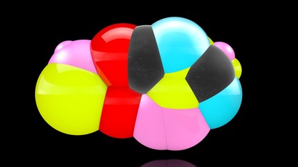 Wall Mural - 3D illustration of many colored balls in space, randomly distributed, on a black background, above the reflective surface. 3D rendering, abstraction. Surrealism, background.