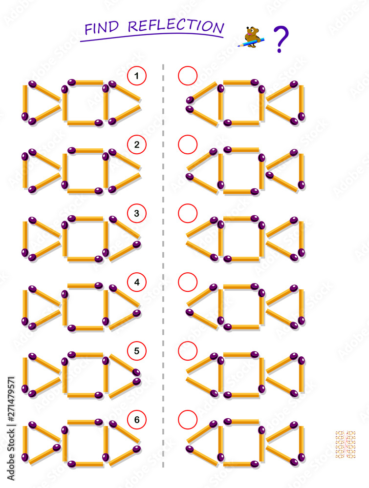 Logic puzzle game for kids. Need to find correct reflection for each ...
