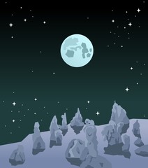 Poster - Beautiful abstraction of the full moon in outer space with stars, view from the planet. Print. Cosmic illustration in blue colors