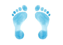 Watercolor Hand Drawn Baby Blue Foot Print Isolated On White Background