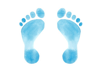 Watercolor hand drawn baby blue foot print isolated on white background