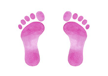 Watercolor Hand Drawn Baby Pink Foot Print Isolated On White Background