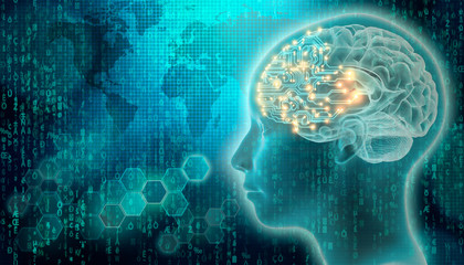 Wall Mural - pcb brain with 3d render human head profile. artificial intelligence or ai concepts. futuristic scie