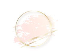 Gold Circle Frame With Pastel Nude Pink Texture And Shadow, Golden Brush Strokes Isolated On White Background. Geometric Round Shape Border In Golden Foil For Cosmetics, Beauty, Makeup Template