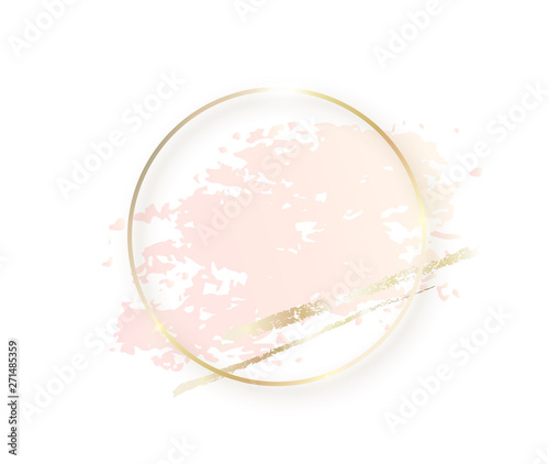 Cuadros en Lienzo Gold circle frame with pastel nude pink texture and shadow, golden brush strokes isolated on white background