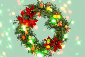 Wall Mural - christmas frame wreath with evergreen fir tree and red and yellow berries isolated on white