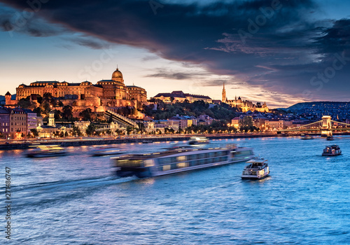 Colorful sunset over the Royal Castle in Budapest, Hungary