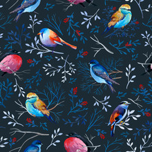 Gouahe Seamless Pattern With Bright Birds On Branches With Leaves On Dark Background