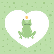 Vector Scandinavian Frog Character Illustration. Colorful Childish Green Royal Frog Sit With A Crown In Heart Shaped Frame Isolated On White. Design For Child Goods Decoration, Print, Web Backdrops