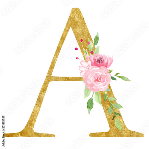 Initial A letter with flowers raster illustration