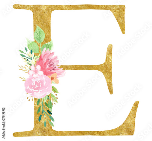 Initial E letter with flowers raster illustration