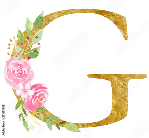 Capital G letter with blossom raster illustration