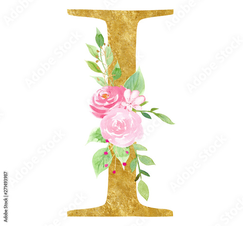 Initial I letter with blossom raster illustration