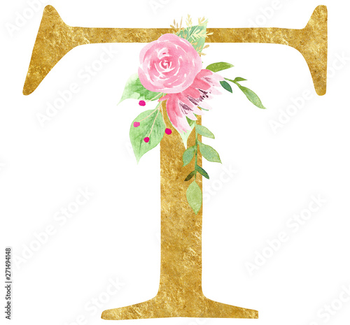 T letter with pink blossom raster illustration