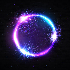 Wall Mural - neon light circle background with explosion particles glitter confetti star spark. electric round fr