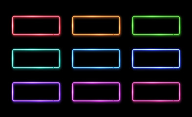 Wall Mural - Colorful neon frame set. Square shape signs collection. Design element template. Led or halogen lamp border. 1980s style 3d electric neon tubes. Brightly lit illuminated rectangle vector illustration.