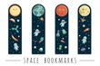 Vector set of bookmarks for children with outer space theme. Cute smiling planets, astronaut, spaceship, rocket, alien on dark blue background. Vertical layout card templates. Stationery for kids..